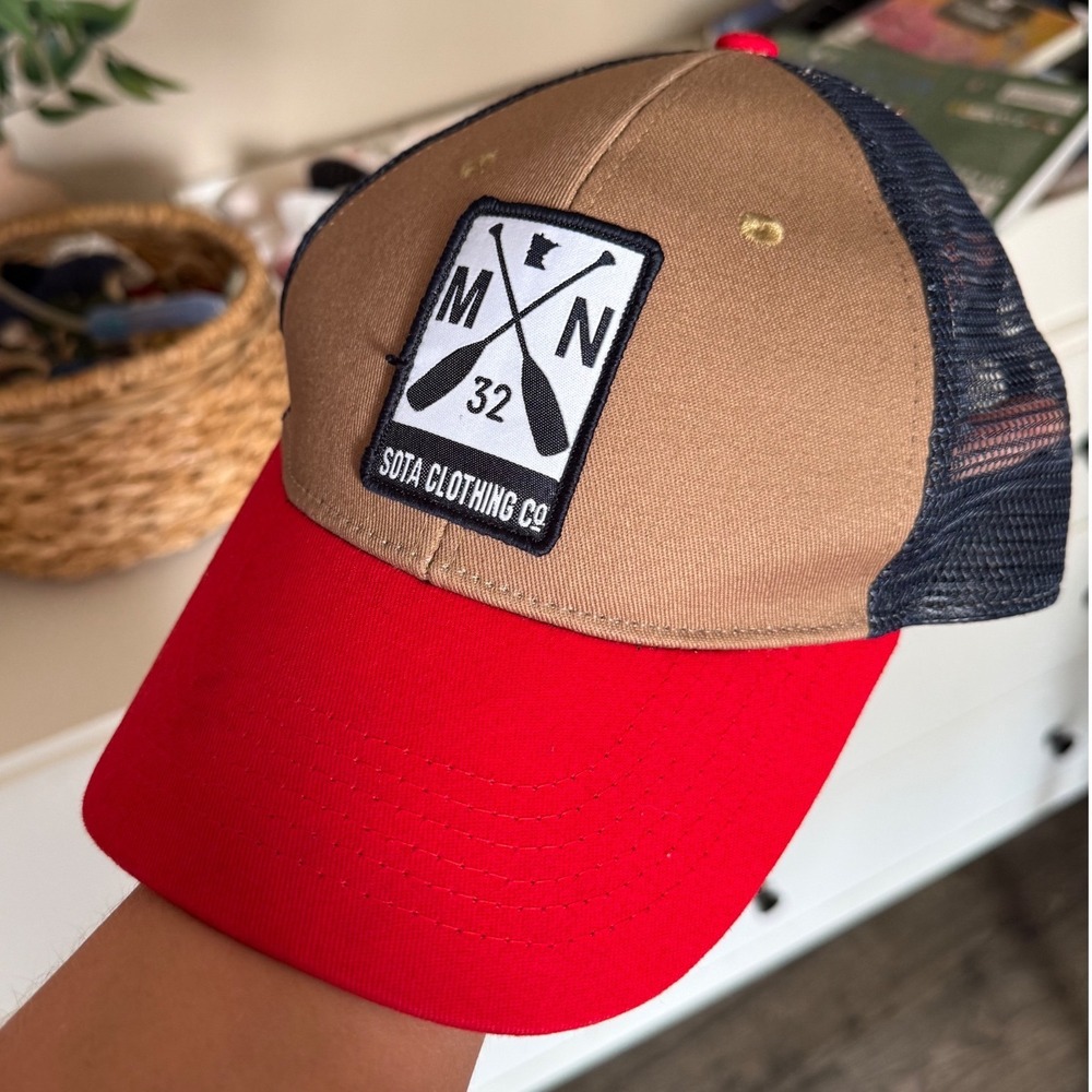 Sota Clothing Co Minnesota MN 32 Paddle Trucker Hat Snapback Tan Red Navy Blue
